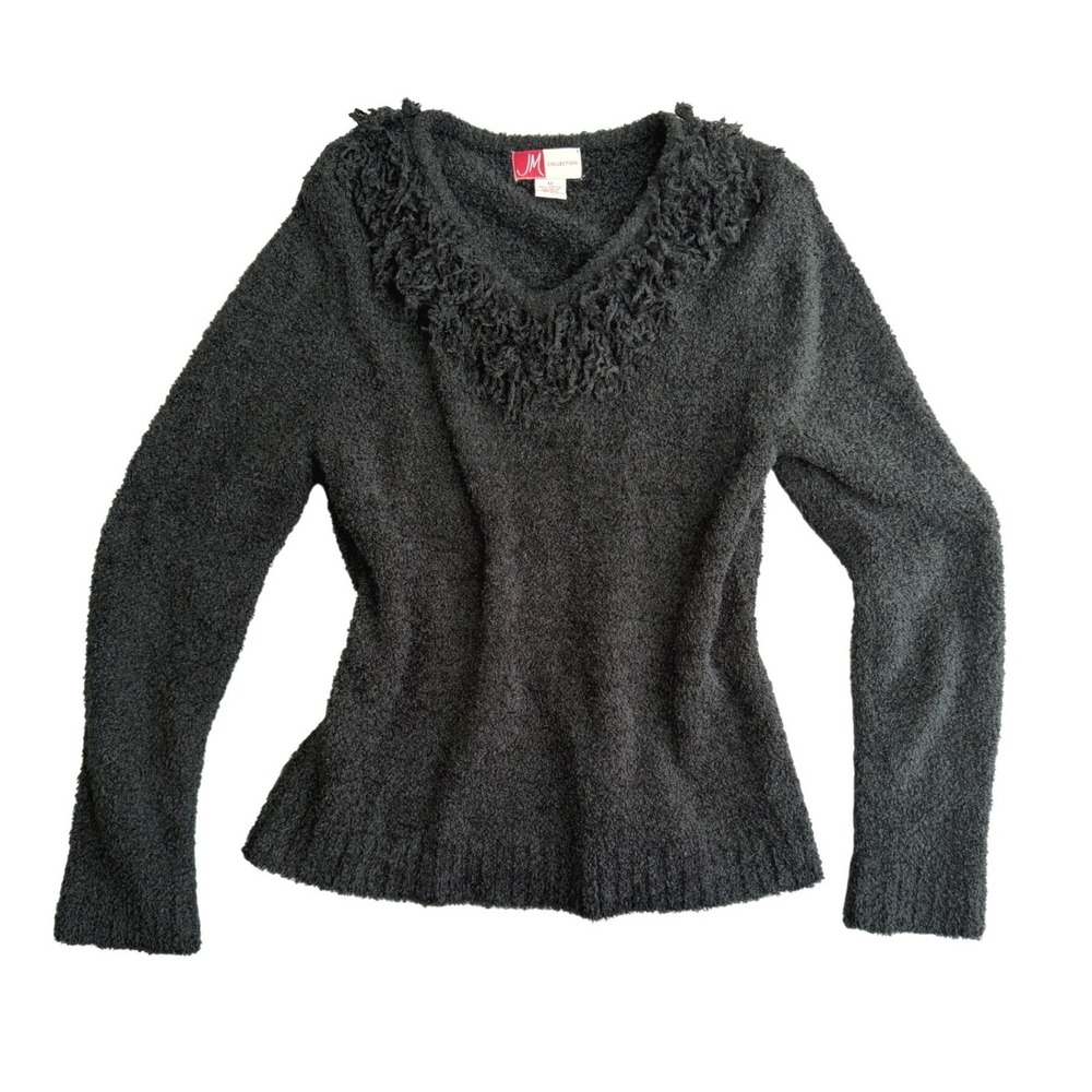 Vintage 90s Whimsigoth Eyelash Knit Fringed Sweater Womens M Black Dark Academia